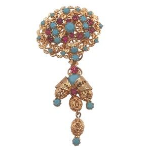 Vintage HATTIE CARNEGIE Turquoise Fuchsia Rhinestone Filigree DANGLE Brooch